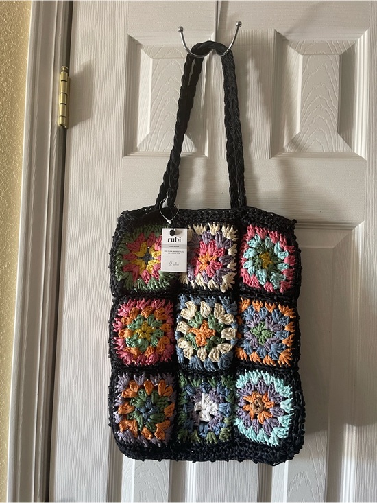 Rubi Handbags - Multicolor Crochet Square Tote Bag with Black Trim NWT